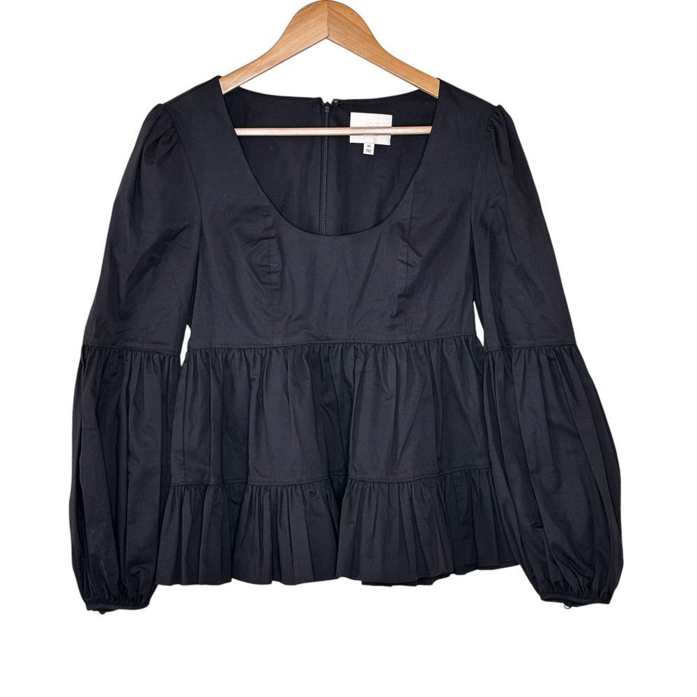 Cinq a Sept Tiered Peplum Top Womens Size XS Black Ruffle Puff Sleeve Luxury